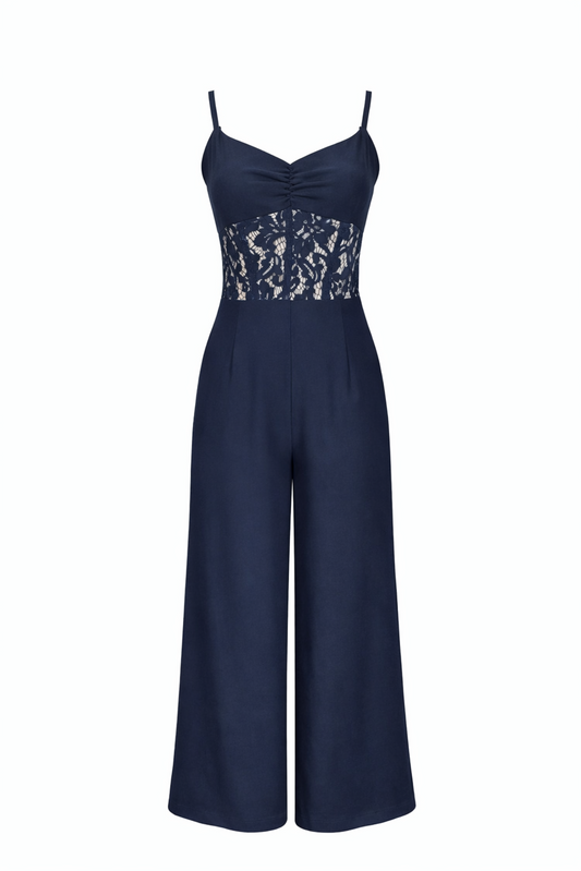 Navy lace jumpsuit front view — Auryn Label #Navy