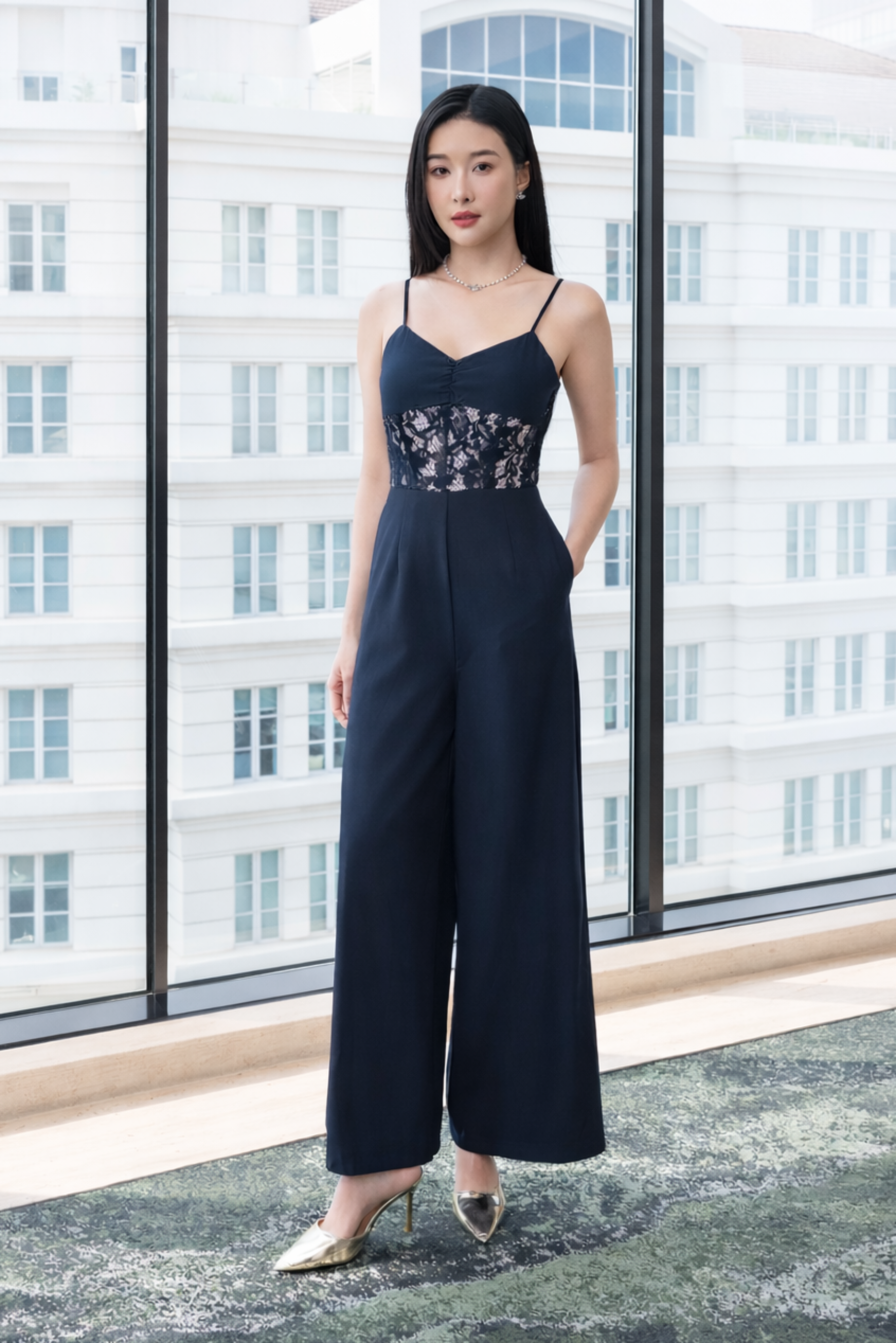 Women's wide leg jumpsuit full length #Navy