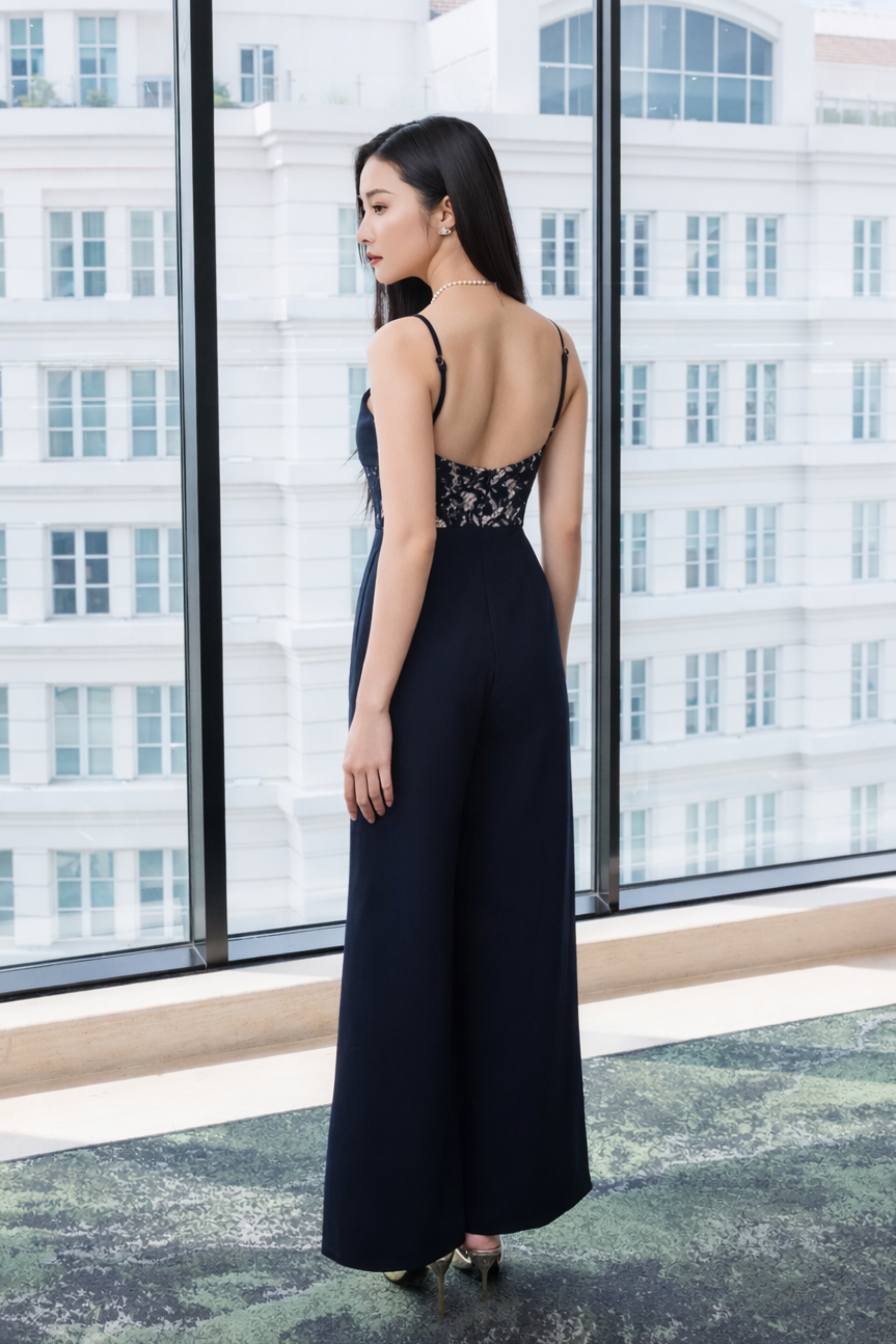 Women's wide legged jumpsuit full length back #Navy